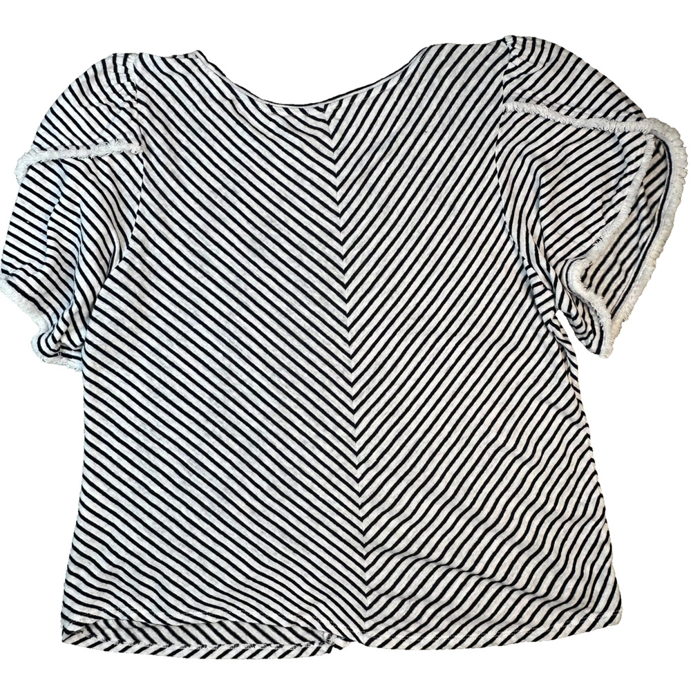 Chicos Women's Linen‎ Short Sleeve Top Nautical Navy White Stripe Fringed Size 2 - Picture 5 of 16